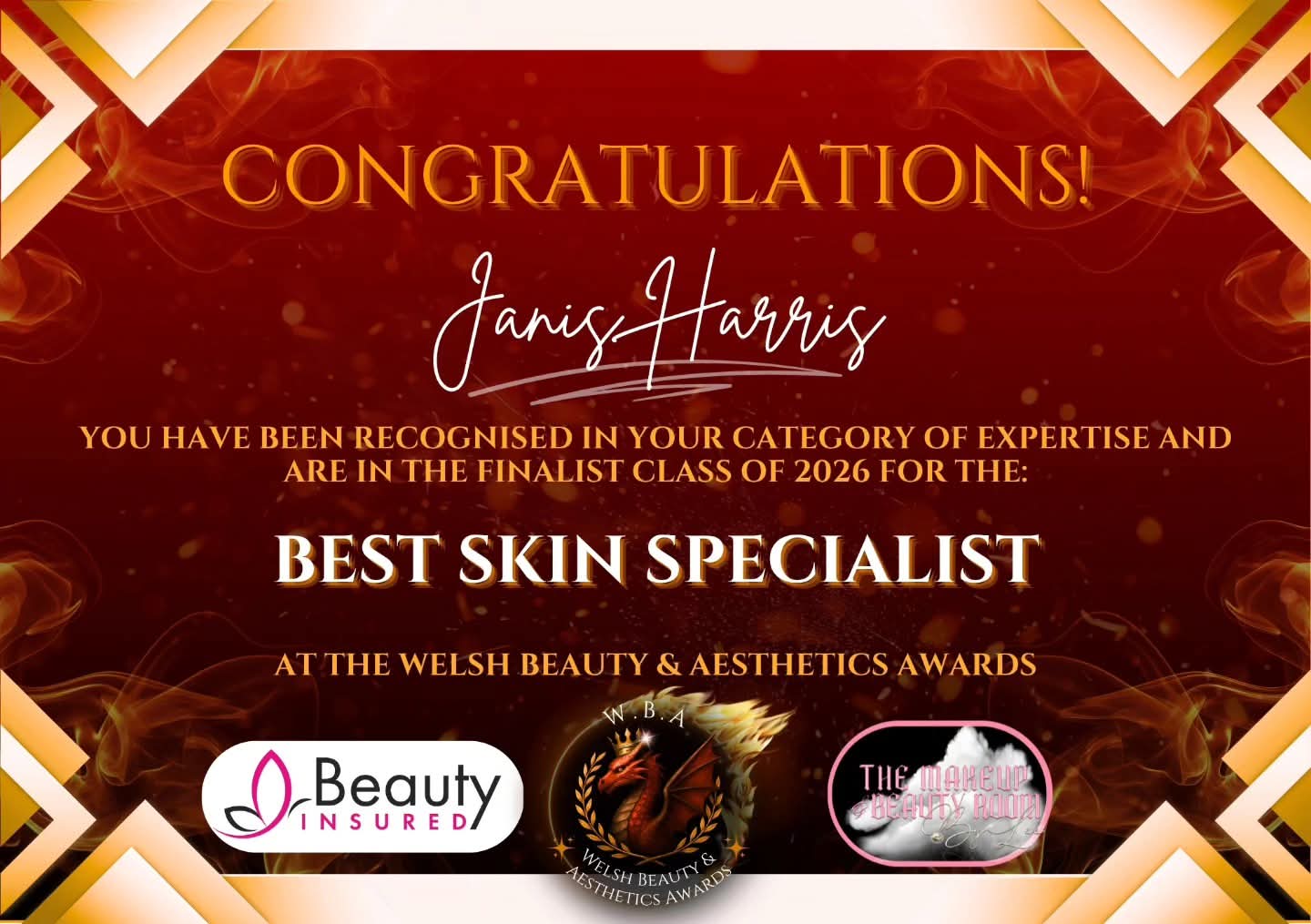 Welsh Beauty and Aesthetics Awards 2026 finalist recognition for Best Skin Specialist