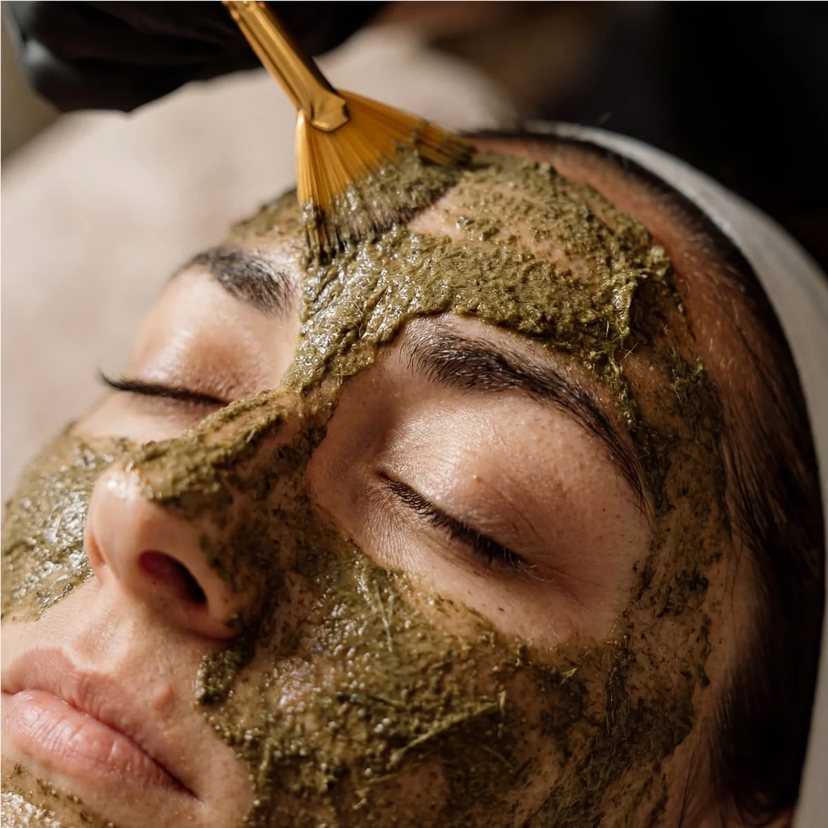 Green Algae Peel being professionally applied to the face